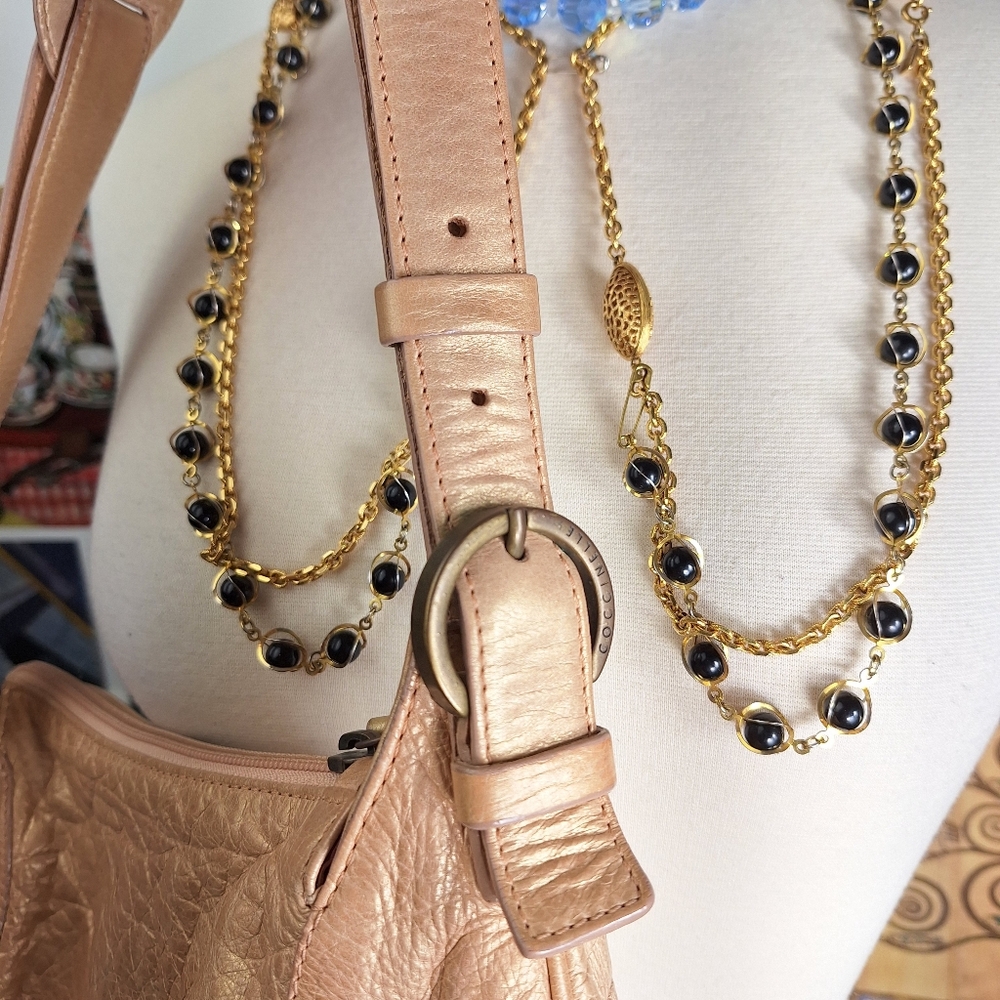 Coccinelle Shoulder Bag Purse Metallic Rose Gold Genuine Leather Boho Coquette - Picture 5 of 10